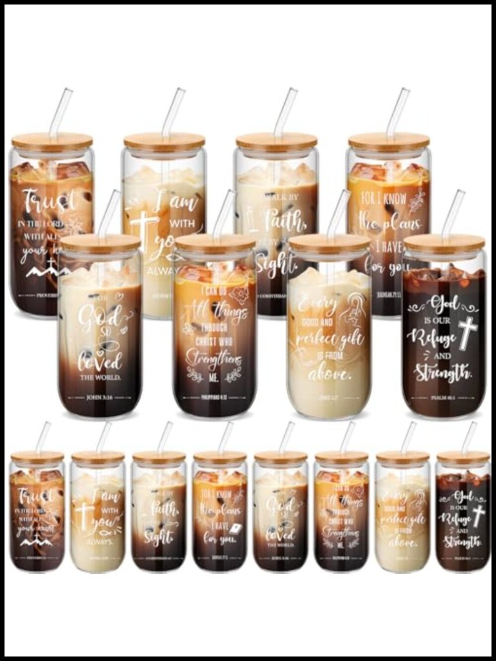 16pc Christian Glass Cups Bamboo Lids Straws Scripture Inspirational Tumblers